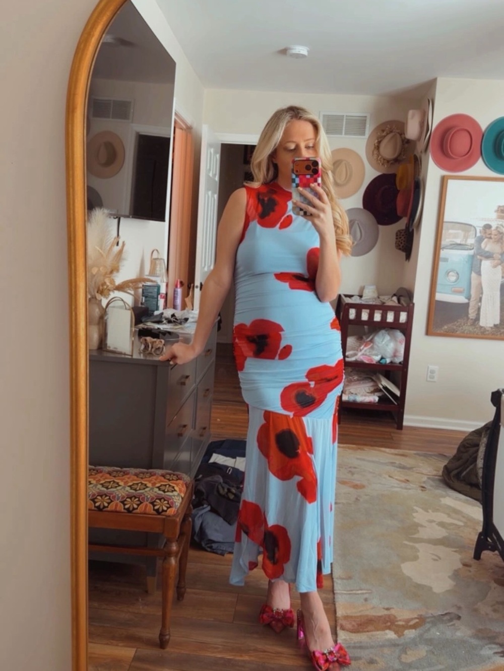 Light Blue Maxi Dress with Red Floral Motif - Picture 2 of 6